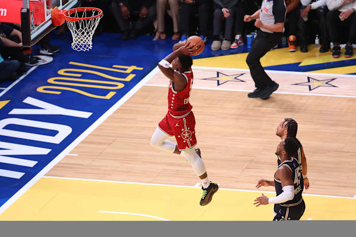 Feb 18, 2024; Indianapolis, Indiana, USA; Western Conference guard Anthony Edwards (5) of the Minnesota Timberwolves shoots the ball against the Eastern Conference All-Stars during the first quarter in the 73rd NBA All Star game at Gainbridge Fieldhouse.